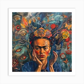 Battling Mental Health. Frida Kahlo Style Self Portrait. 3 Art Print