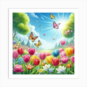 Colorful Tulips And Butterflies 1 Art Print