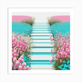 Pink And Blue Flower Garden Art Print