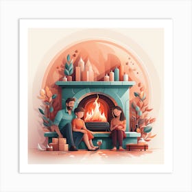 Family In Front Of Fireplace Art Print