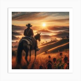 Cowboy On Horse At Sunset 001 001 Art Print