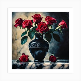 Gothic Still Life with Red Roses and Black Ceramic Vase Poster