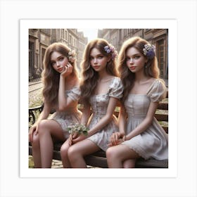 Three Girls Sitting On A Bench 2 Art Print