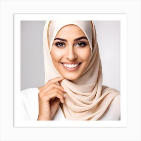 A Closeup Photo Portrait Of A Beautiful Young Arab Muslim Model Woman Wearing Hijab Headscarf And Smiling 2 Art Print