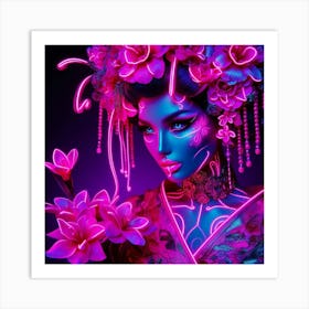 Neon Girl With Flowers 1 Art Print