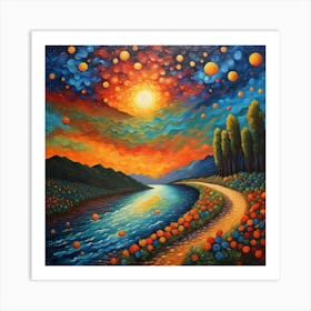 Sunset Over The River.Sunset Symphony: A Colorful Riverside Landscape Under a Swirling Sky Art Print