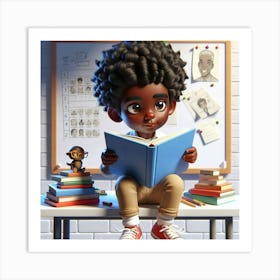 African American 6 years reading book 3D ART 6 Art Print