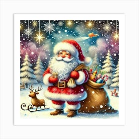 Santa Claus Christmas Painting In Magical Christmas Night Unique Christmas Decor Art Print