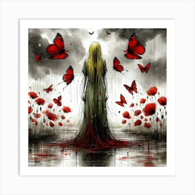 Girl With Red Butterflies 1 Art Print