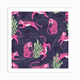 Pink Tiger Pattern On Purple With Floral Decoration Square Art Print