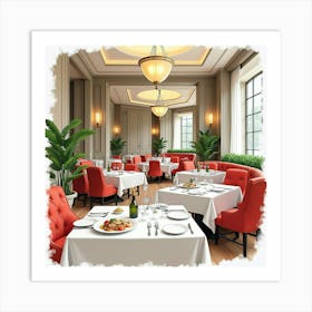 High End Restaurant Interior In Watercolor, With Elegant Tables And Gourmet Dishes Art Print