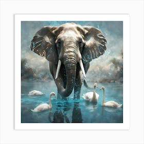 Elephant And Swans Art Print