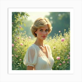 Princess Diana In A Tranquil Watercolor Garden With Shimmering Dew 1 Art Print