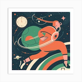 Astronaut Running In Space Art Print