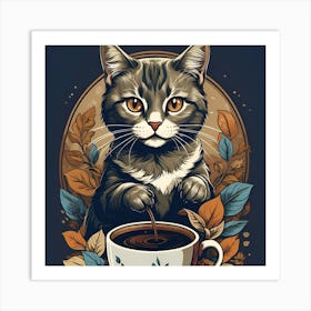 Cat Drinking Coffee Art Print