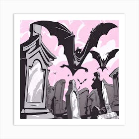 Spooky Bats Flying Over Cemetery Art Print