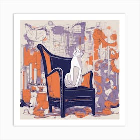 Drew Illustration Of Cat On Chair In Bright Colors, Vector Ilustracije, In The Style Of Dark Navy An (2) Art Print