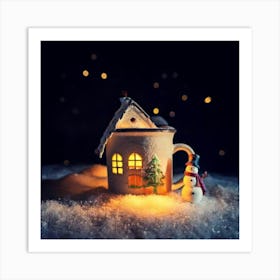 Firefly Cup, Cozy, Miniature, House, Illuminated, Windows, Snowy, Landscape, Snowman, Winter, Warmth (1) Art Print