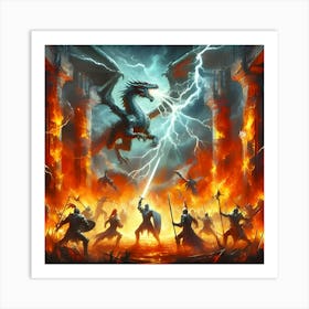 A Dramatic Battle Scene Featuring A Knight Fighting A Dragon In Fiery Ruins With Lightning Bolts Striking Dynamically Posed Combatants, Depicted In A Stylized Painterly Style Art Print