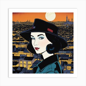 Woman In A Hat , A Woman in the Cityscape, Adorned in Hat and Black Makeup, Capturing the Radiance of Night in Shiny Glossy Wall Art Art Print