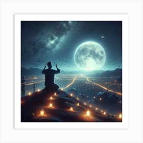 Muslim Man Praying At The Moon Art Print