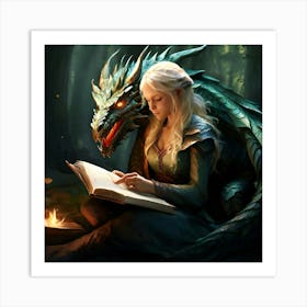 The Blond Woman Is Nestled Comfortably Between The Dragons Forelegs Her Back Against Its Warm Red Neck Art Print