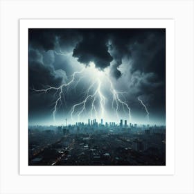 Lightning Over A City Art Print