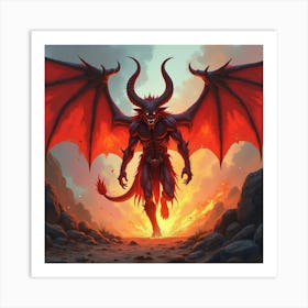 Demon In A Fiery, Colorful Watercolor Abyss 1 Art Print