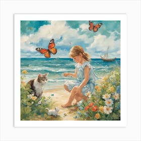 Little Girl With Cat And Butterflies Art Print