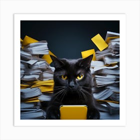 Black Cat In A Pile Of Papers Holding A Phone Art Print