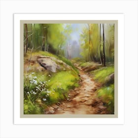 Path In The Woods.A dirt footpath in the forest. Spring season. Wild grasses on both ends of the path. Scattered rocks. Oil colors.19 Art Print