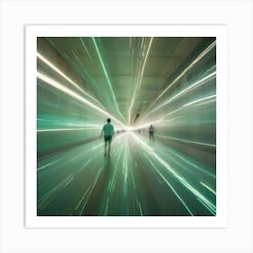 A Blurry Figure Walking Down A Long, Brightly Lit Tunnel With Streaks Of Green Light Art Print