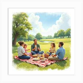 A Traditional English Countryside Picnic With Families Enjoying Food And Games, Watercolor 1 Art Print