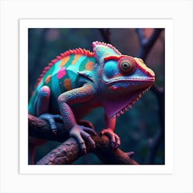 A Mythical Chameleon With Scales Of Shifting, Neon Colors Blending Into A Surreal Jungle Art Print