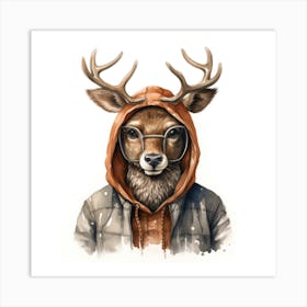 Watercolour Cartoon Elk In A Hoodie 3 Art Print