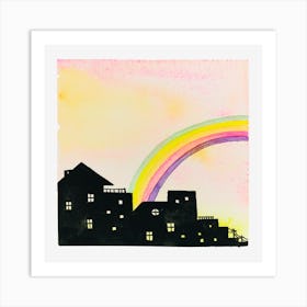 Watercolor, Buildings With Rainbows In The Sky Art Print