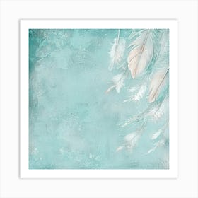 Feathers On A Turquoise Background.Generated AI. Wall Art Print Art Print