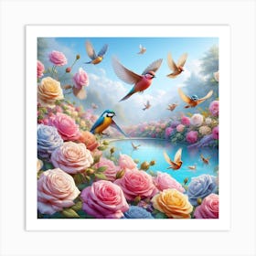 Birds And Roses Art Print