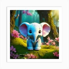 Firefly 3d, Animated, Cute, Little, Round, Turquoise, Elephant, Baby, Forest, Pink Flowers, Whimsica (1) Art Print