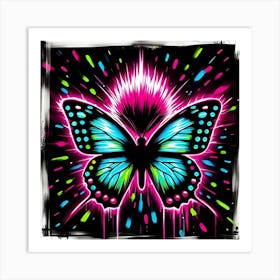 A Flashy Butterfly With A Neon Mohawk, Inspired By The Street Art Of Banksy, With A Bold Black And Neon Color Scheme, Where The Butterfly Is In Focus And The Background Is Blurred Into Neon Shapes, Framed With Abstract Brush Strokes (6) Art Print