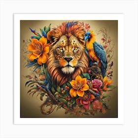 Lion And Parrot Art Print