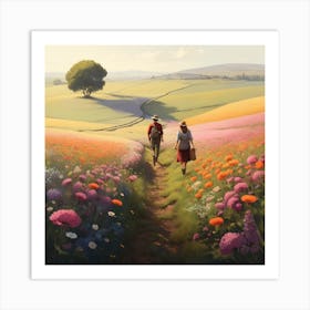 Two People Walking Through A Field Of Flowers Art Print