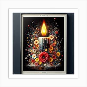 A lit candle inside a picture frame surrounded by flowers 8 Art Print