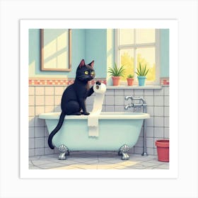 Bathroom Black Cat Toilet Paper Print Funny Art Print (3) Art Print