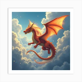 A Dragon Flying Through The Clouds, Scales Glowing Bright 1 Art Print