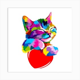 Colorful Cat With Heart Art Print