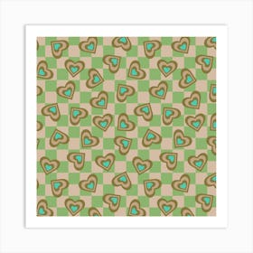 LOVE HEARTS CHECKERBOARD Tossed Retro Alt Valentines in Olive Sand Turquoise on Cream Green Geometric Grid Art Print