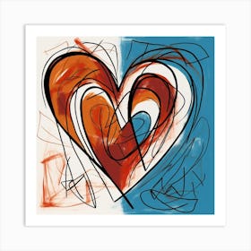 Geometric Doodle Of Orange & Blue Heart 1 Art Print