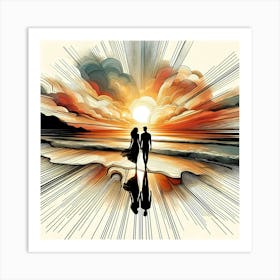 Lovers at Beach in Morning - Abstract Line Art Illustration 234 Art Print