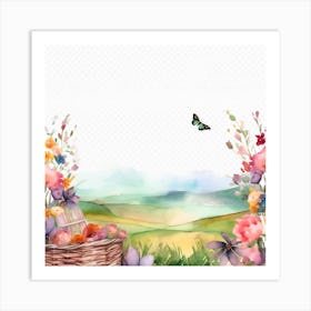 Watercolor Basket With Flowers Art Print